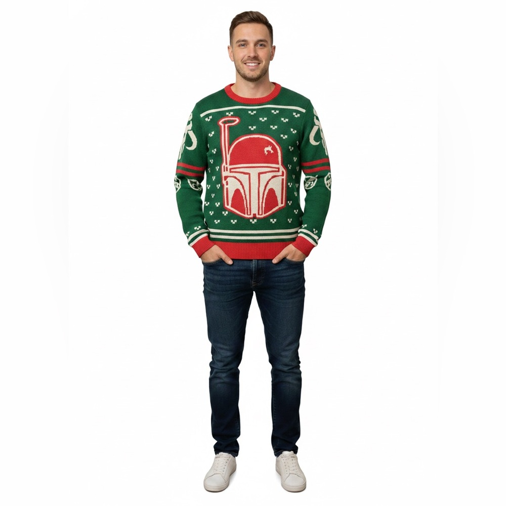 STAR WARS Boba Fett Green Red Winter Sweater Mando‎ Mandalorian Powerhouse
